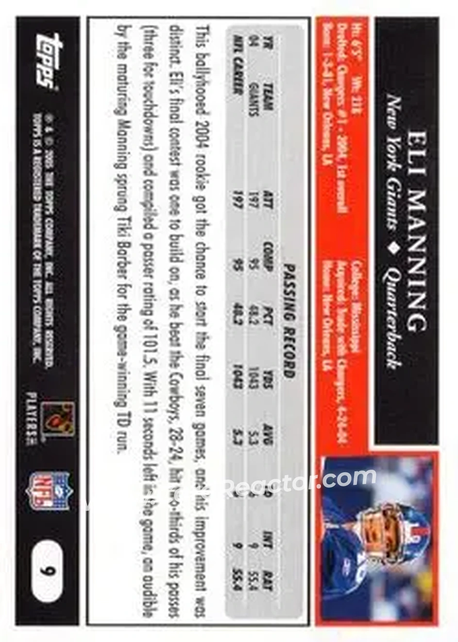 2005 Topps #9 - Eli Manning - New York Giants - Back