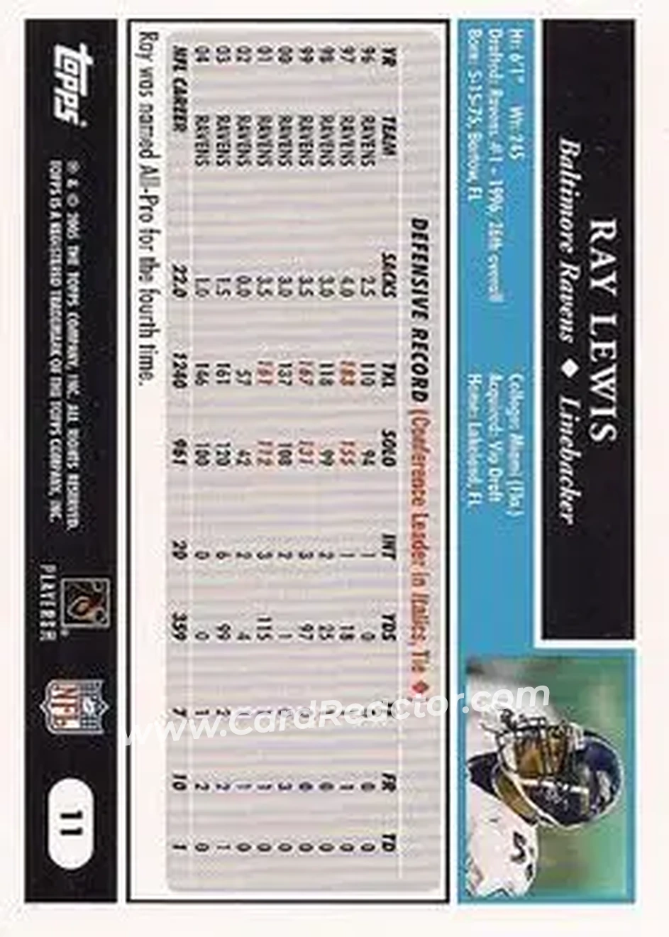2005 Topps #11 - Ray Lewis - Baltimore Ravens - Back 2005 Topps #11 - Ray Lewis - Baltimore Ravens - Back