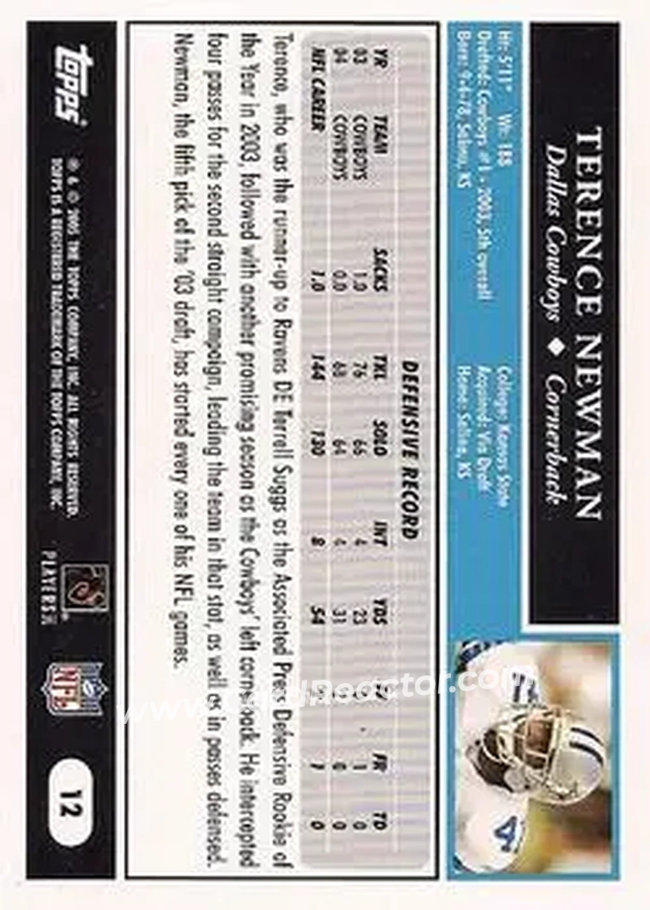 2005 Topps #12 - Terence Newman - Dallas Cowboys - Back 2005 Topps #12 - Terence Newman - Dallas Cowboys - Back