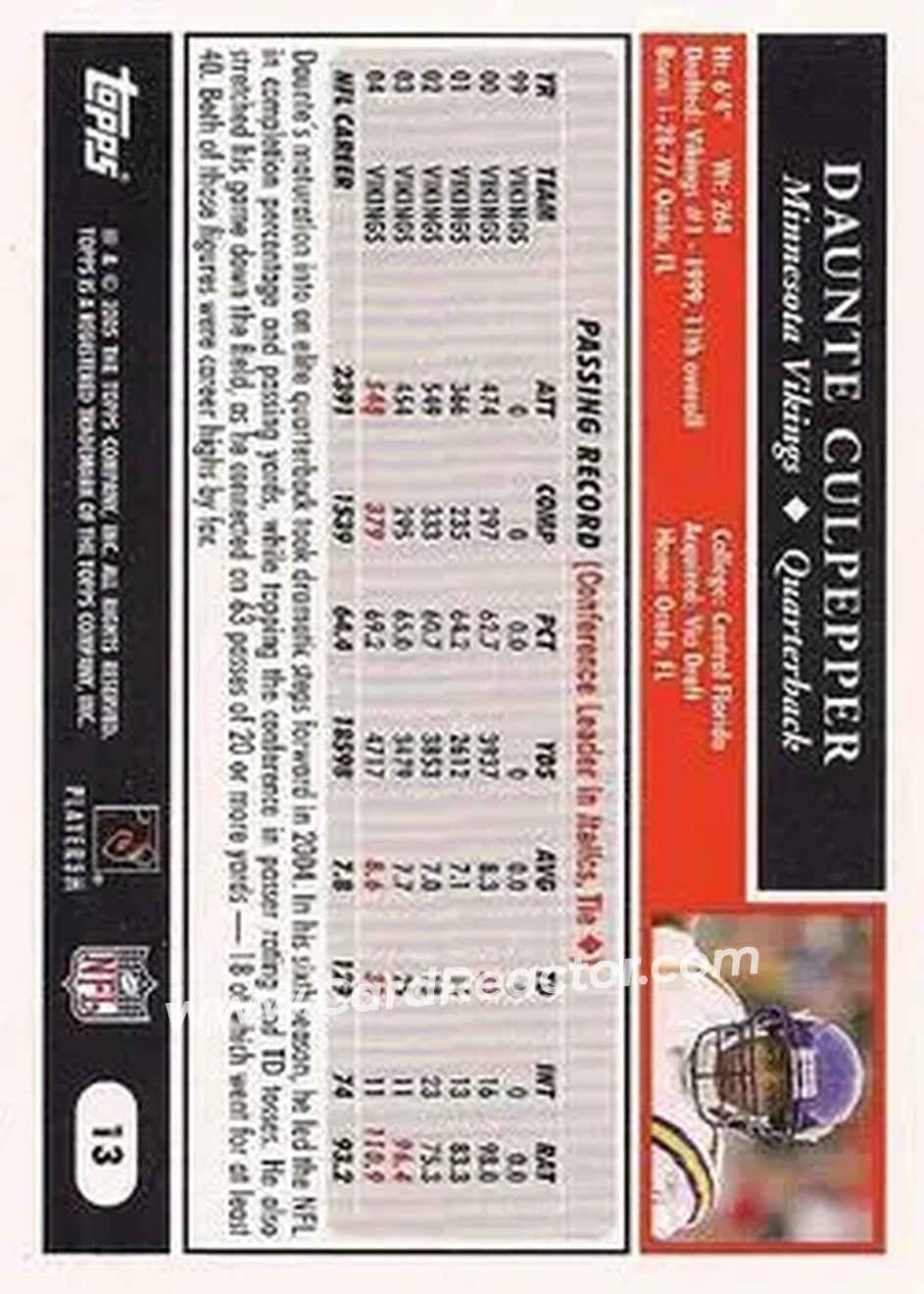 2005 Topps #13 - Daunte Culpepper - Minnesota Vikings - Back 2005 Topps #13 - Daunte Culpepper - Minnesota Vikings - Back