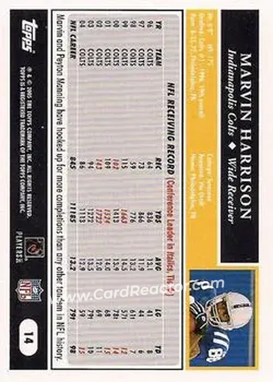 2005 Topps #14 - Marvin Harrison - Indianapolis Colts - Back 2005 Topps #14 - Marvin Harrison - Indianapolis Colts - Back