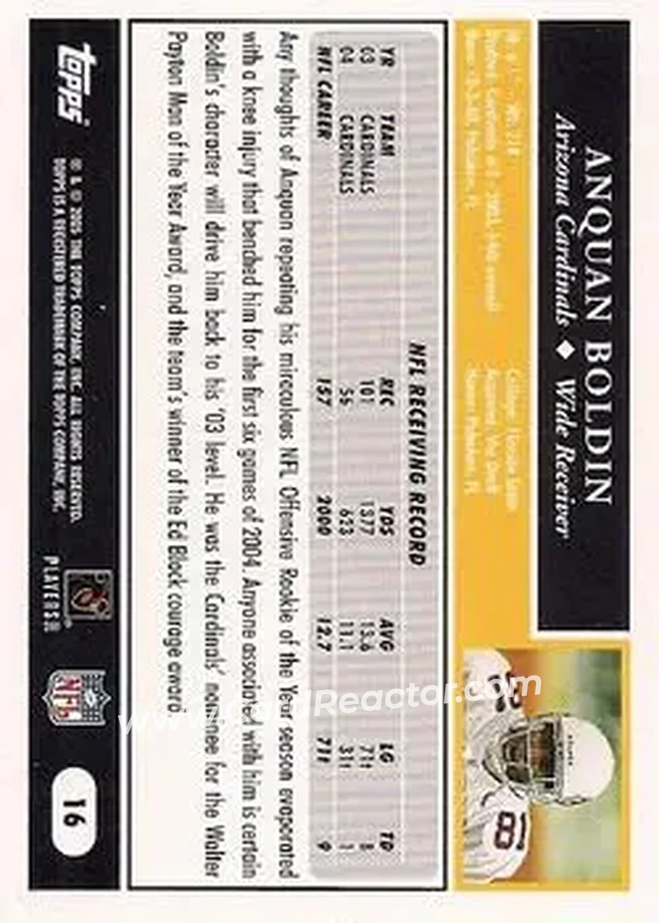 2005 Topps #16 - Anquan Boldin - Arizona Cardinals - Back