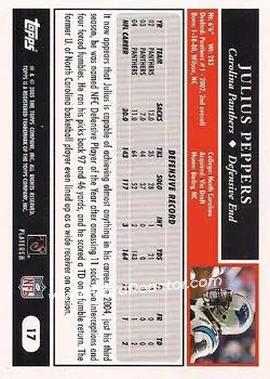 2005 Topps #17 - Julius Peppers - Carolina Panthers - Back