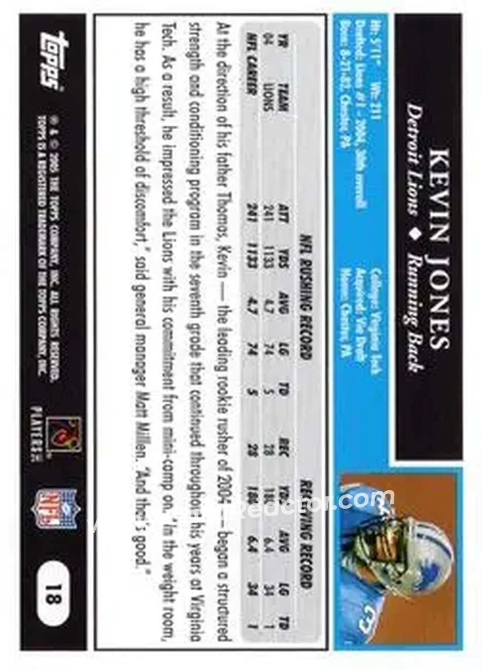 2005 Topps #18 - Kevin Jones - Detroit Lions - Back