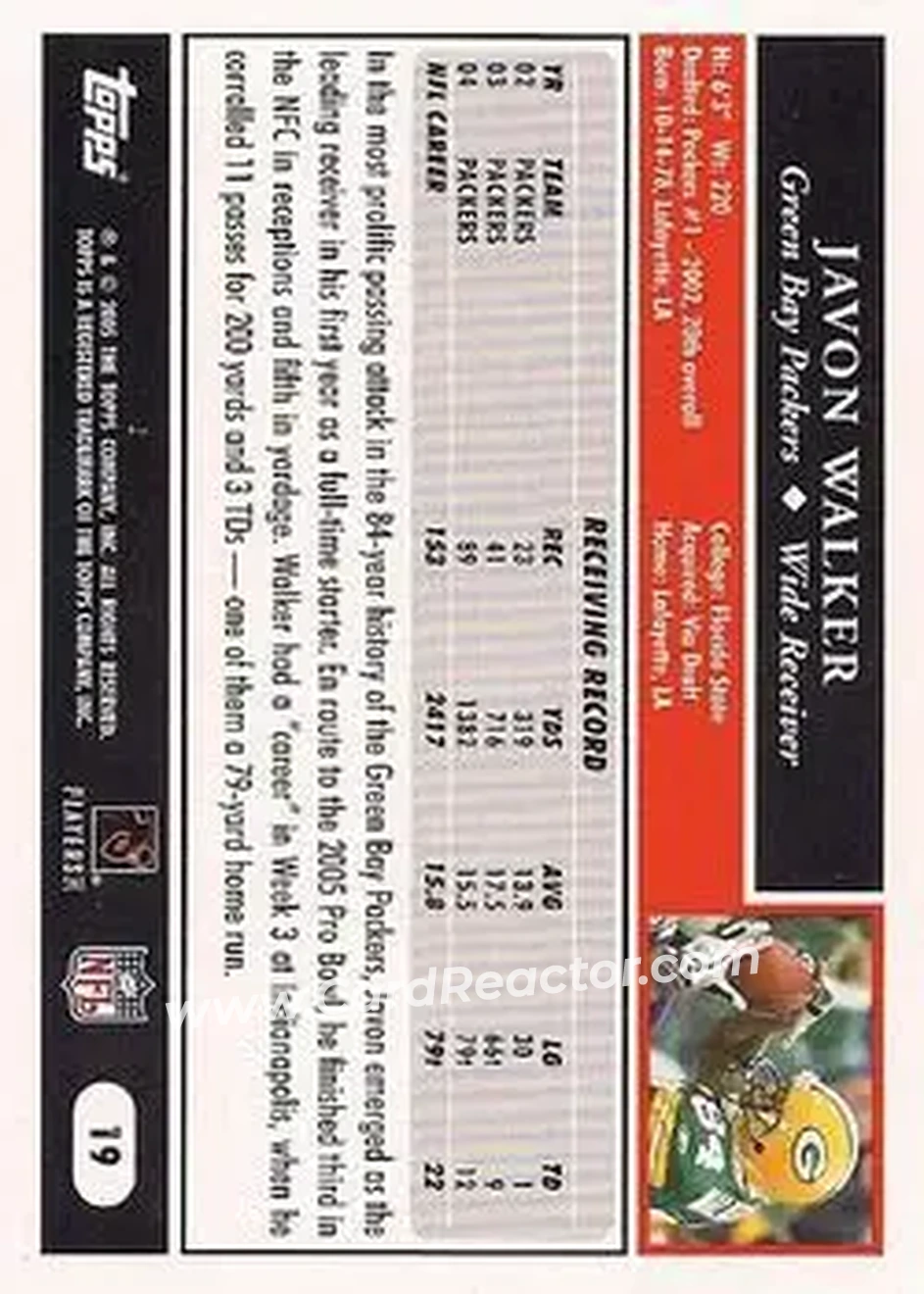 2005 Topps #19 - Javon Walker - Green Bay Packers - Back