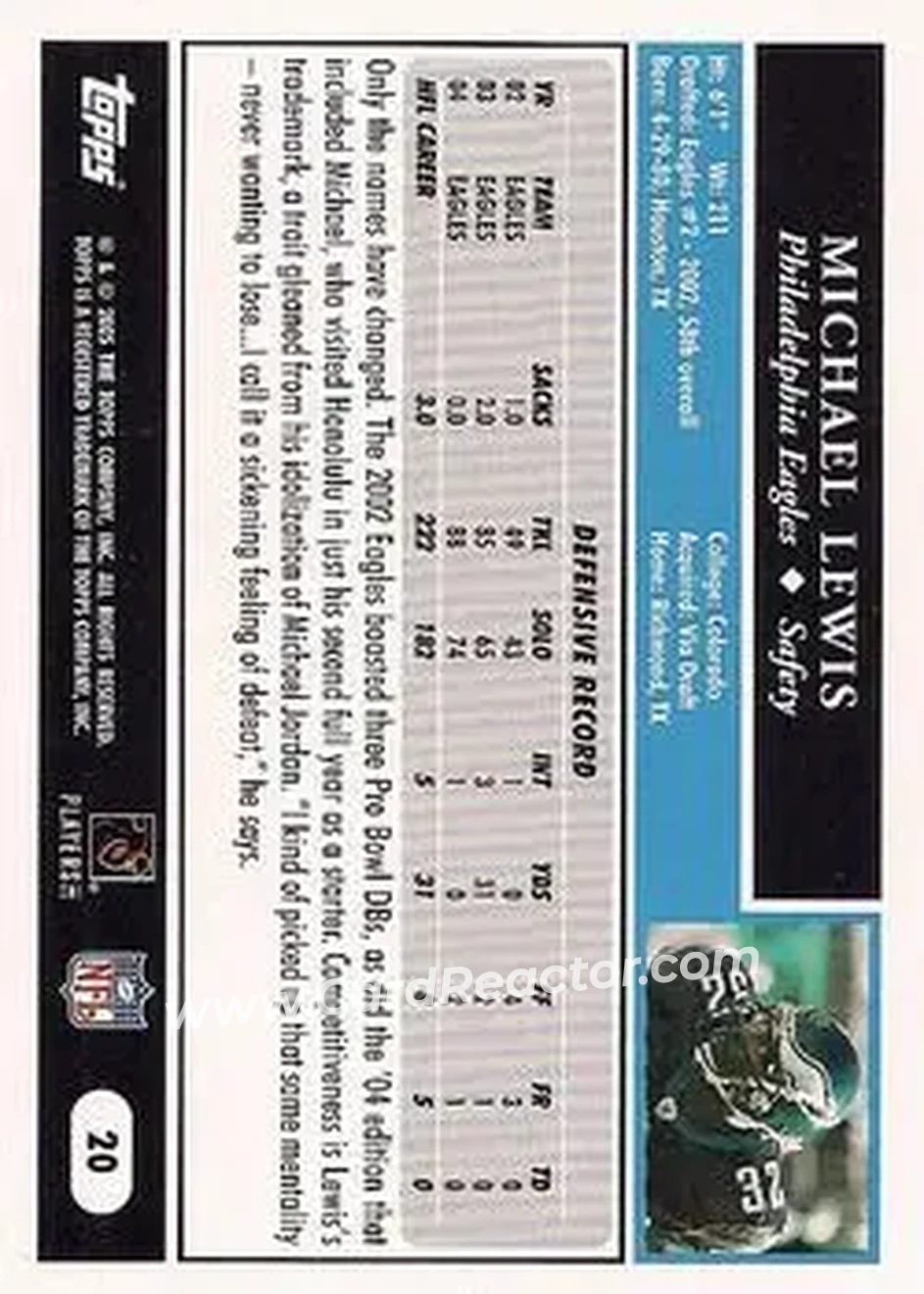 2005 Topps #20 - Michael Lewis - Philadelphia Eagles - Back 2005 Topps #20 - Michael Lewis - Philadelphia Eagles - Back