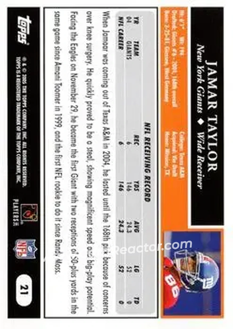 2005 Topps #21 - Jamaar Taylor - New York Giants - Back