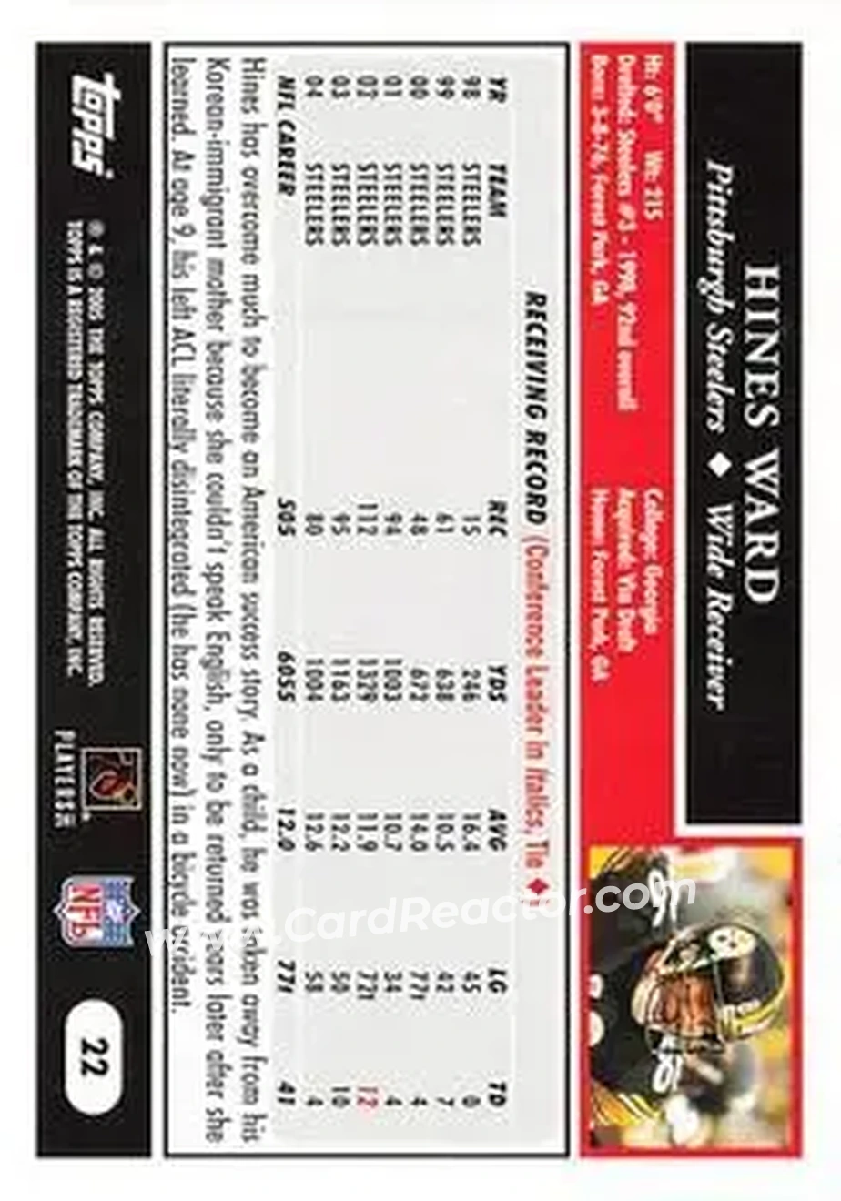2005 Topps #22 - Hines Ward - Pittsburgh Steelers - Back 2005 Topps #22 - Hines Ward - Pittsburgh Steelers - Back