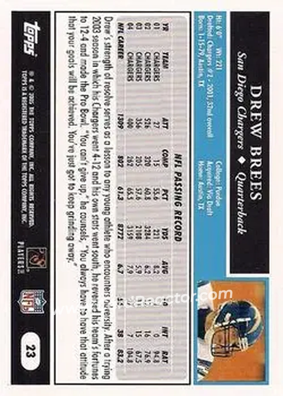 2005 Topps #23 - Drew Brees - San Diego Chargers - Back 2005 Topps #23 - Drew Brees - San Diego Chargers - Back