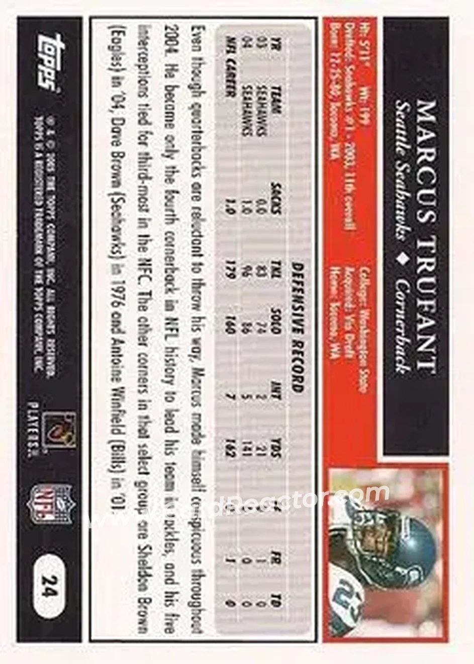 2005 Topps #24 - Marcus Trufant - Seattle Seahawks - Back