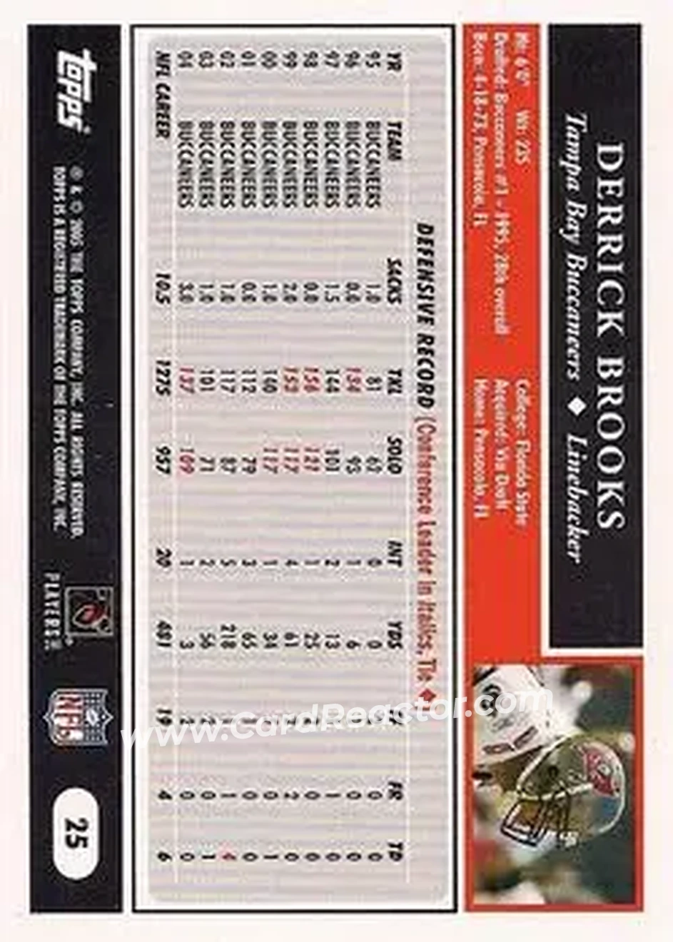 2005 Topps #25 - Derrick Brooks - Tampa Bay Buccaneers - Back