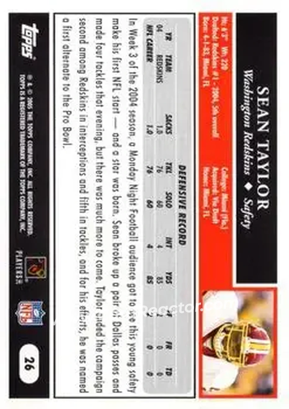 2005 Topps #26 - Sean Taylor - Washington Redskins - Back