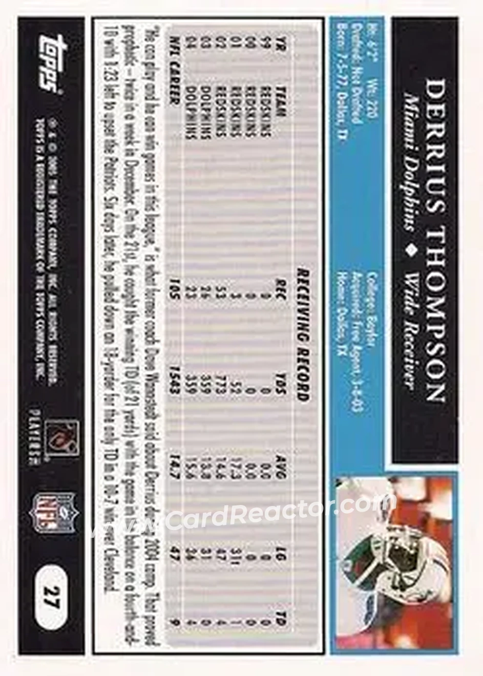 2005 Topps #27 - Derrius Thompson - Miami Dolphins - Back
