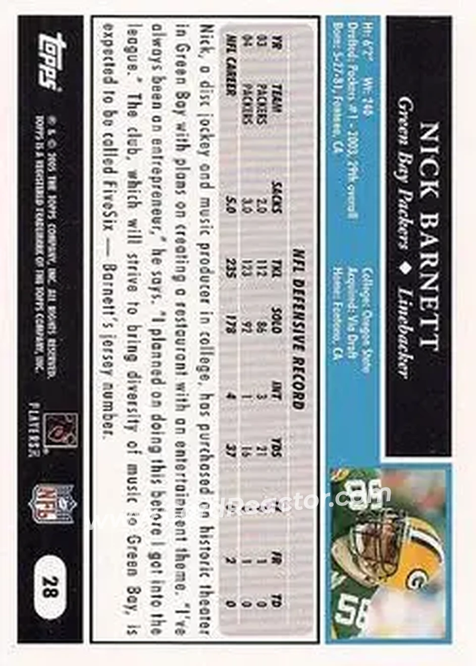 2005 Topps #28 - Nick Barnett - Green Bay Packers - Back