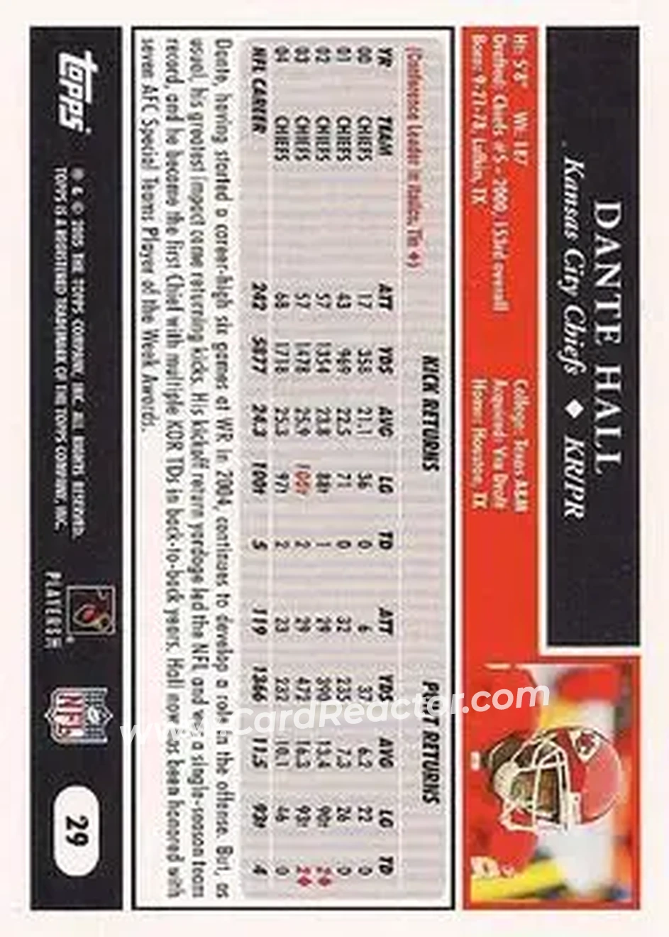 2005 Topps #29 - Dante Hall - Kansas City Chiefs - Back 2005 Topps #29 - Dante Hall - Kansas City Chiefs - Back