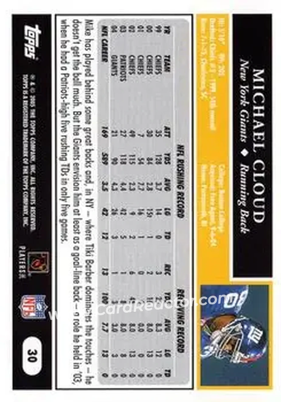 2005 Topps #30 - Michael Cloud - New York Giants - Back 2005 Topps #30 - Michael Cloud - New York Giants - Back
