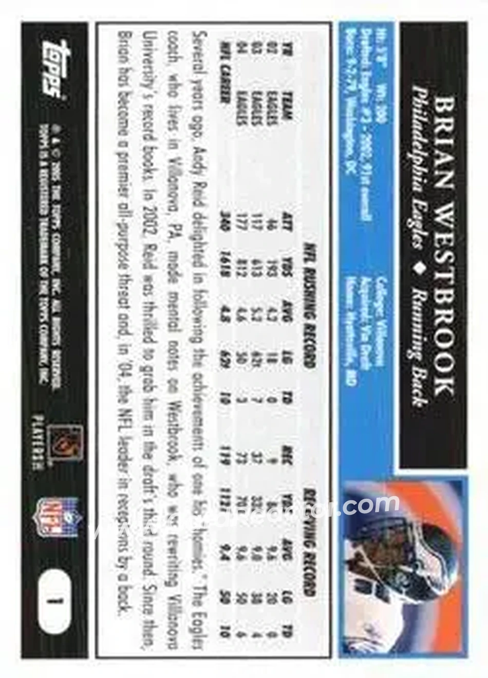 2005 Topps 1st Edition #1 - Brian Westbrook - Philadelphia Eagles - Back