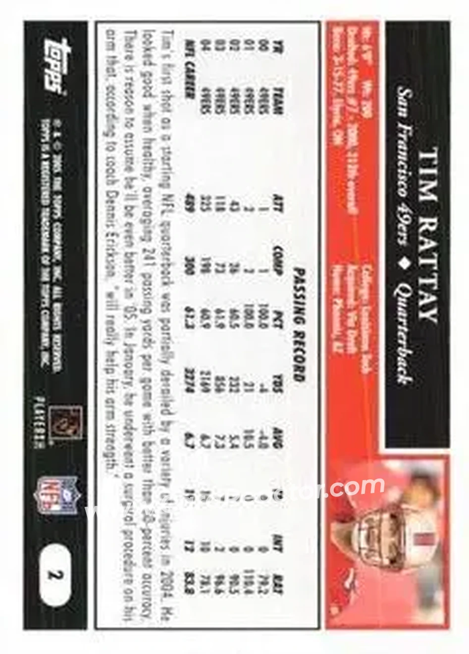 2005 Topps 1st Edition #2 - Tim Rattay - San Francisco 49ers - Back 2005 Topps 1st Edition #2 - Tim Rattay - San Francisco 49ers - Back