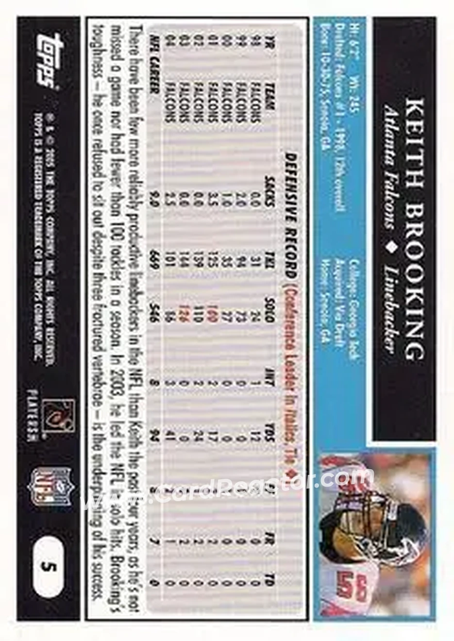 2005 Topps 1st Edition #5 - Keith Brooking - Atlanta Falcons - Back