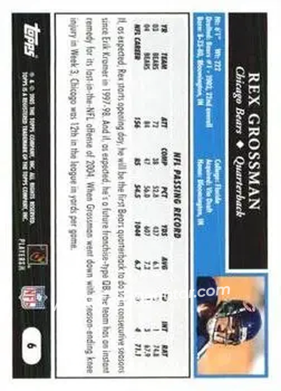 2005 Topps 1st Edition #6 - Rex Grossman - Chicago Bears - Back
