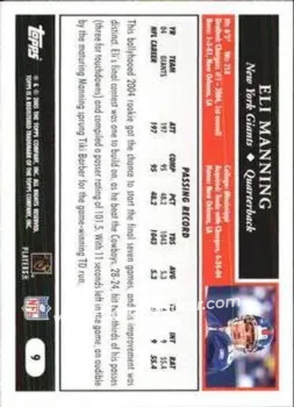 2005 Topps 1st Edition #9 - Eli Manning - New York Giants - Back