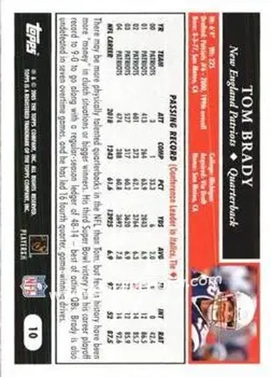 2005 Topps 1st Edition #10 - Tom Brady - New England Patriots - Back