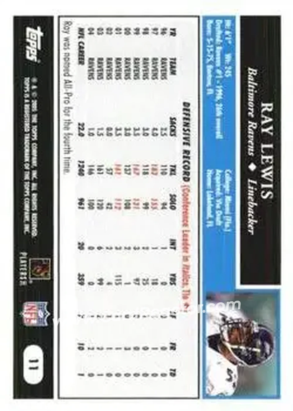 2005 Topps 1st Edition #11 - Ray Lewis - Baltimore Ravens - Back 2005 Topps 1st Edition #11 - Ray Lewis - Baltimore Ravens - Back