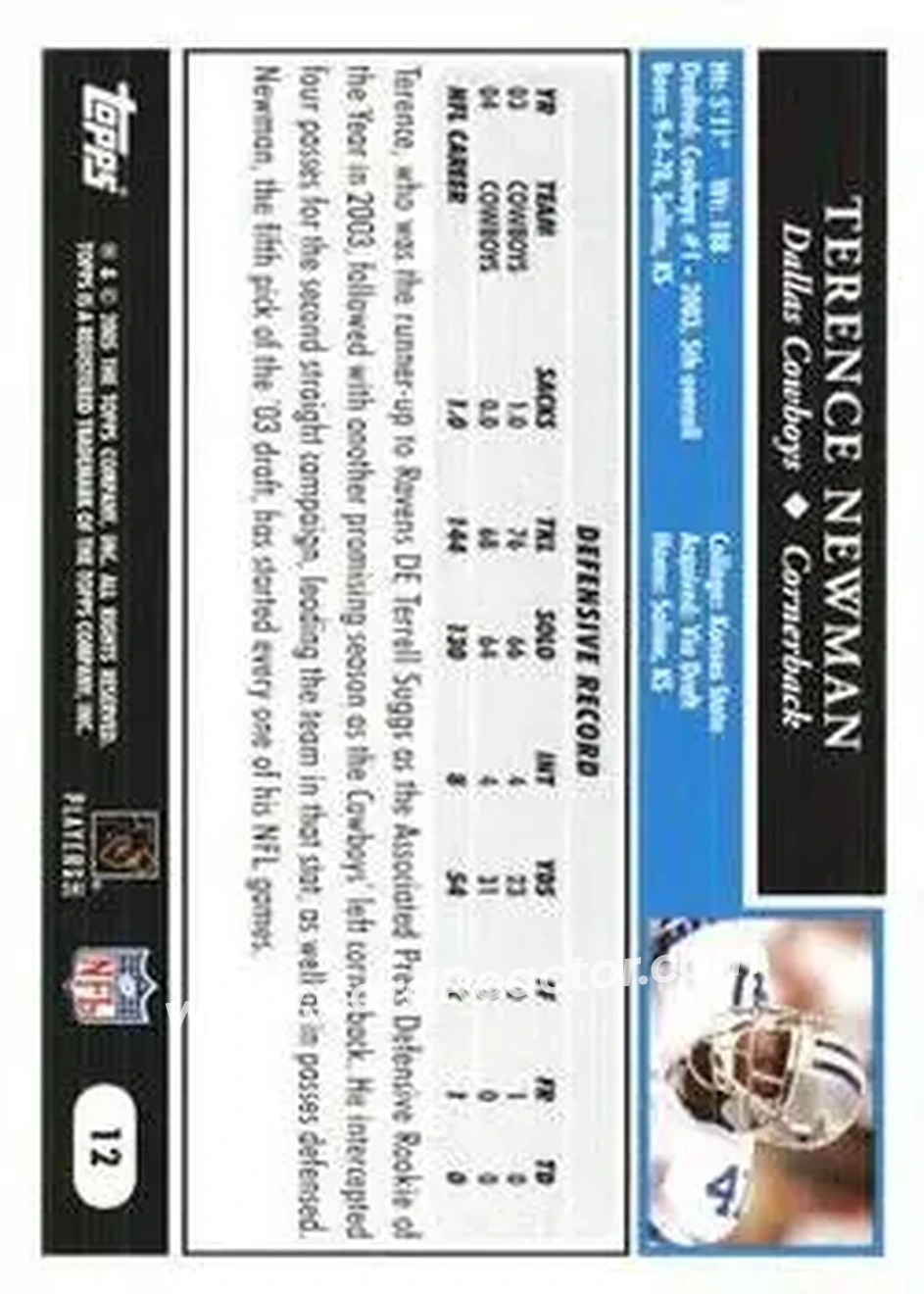 2005 Topps 1st Edition #12 - Terence Newman - Dallas Cowboys - Back 2005 Topps 1st Edition #12 - Terence Newman - Dallas Cowboys - Back