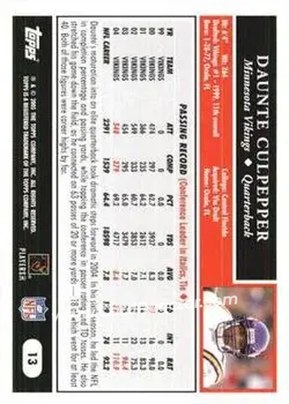 2005 Topps 1st Edition #13 - Daunte Culpepper - Minnesota Vikings - Back 2005 Topps 1st Edition #13 - Daunte Culpepper - Minnesota Vikings - Back