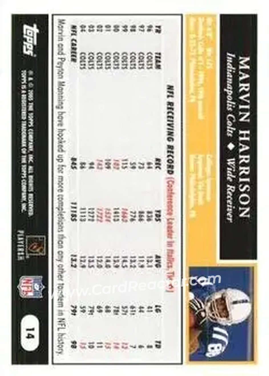 2005 Topps 1st Edition #14 - Marvin Harrison - Indianapolis Colts - Back