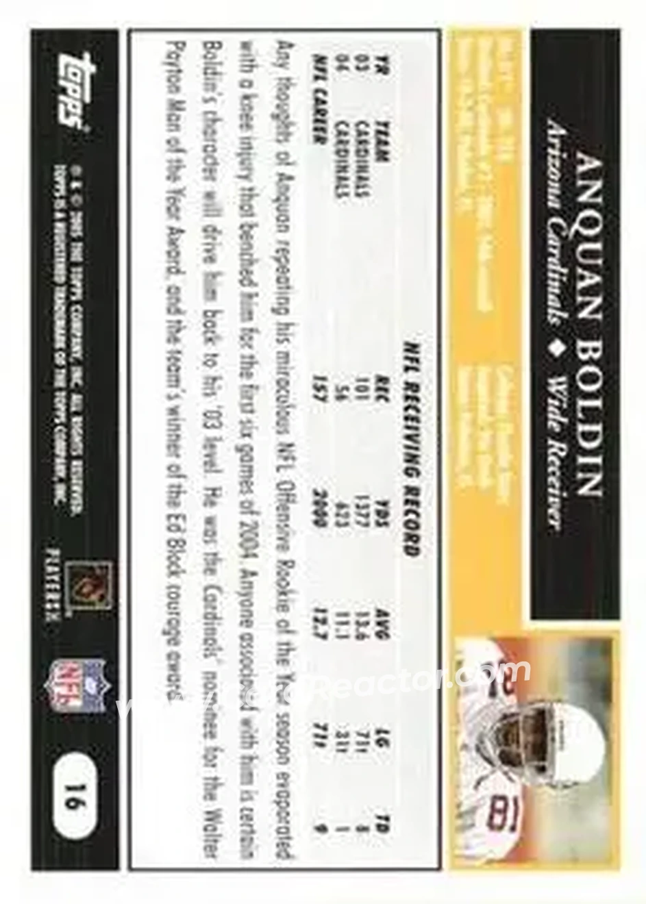 2005 Topps 1st Edition #16 - Anquan Boldin - Arizona Cardinals - Back