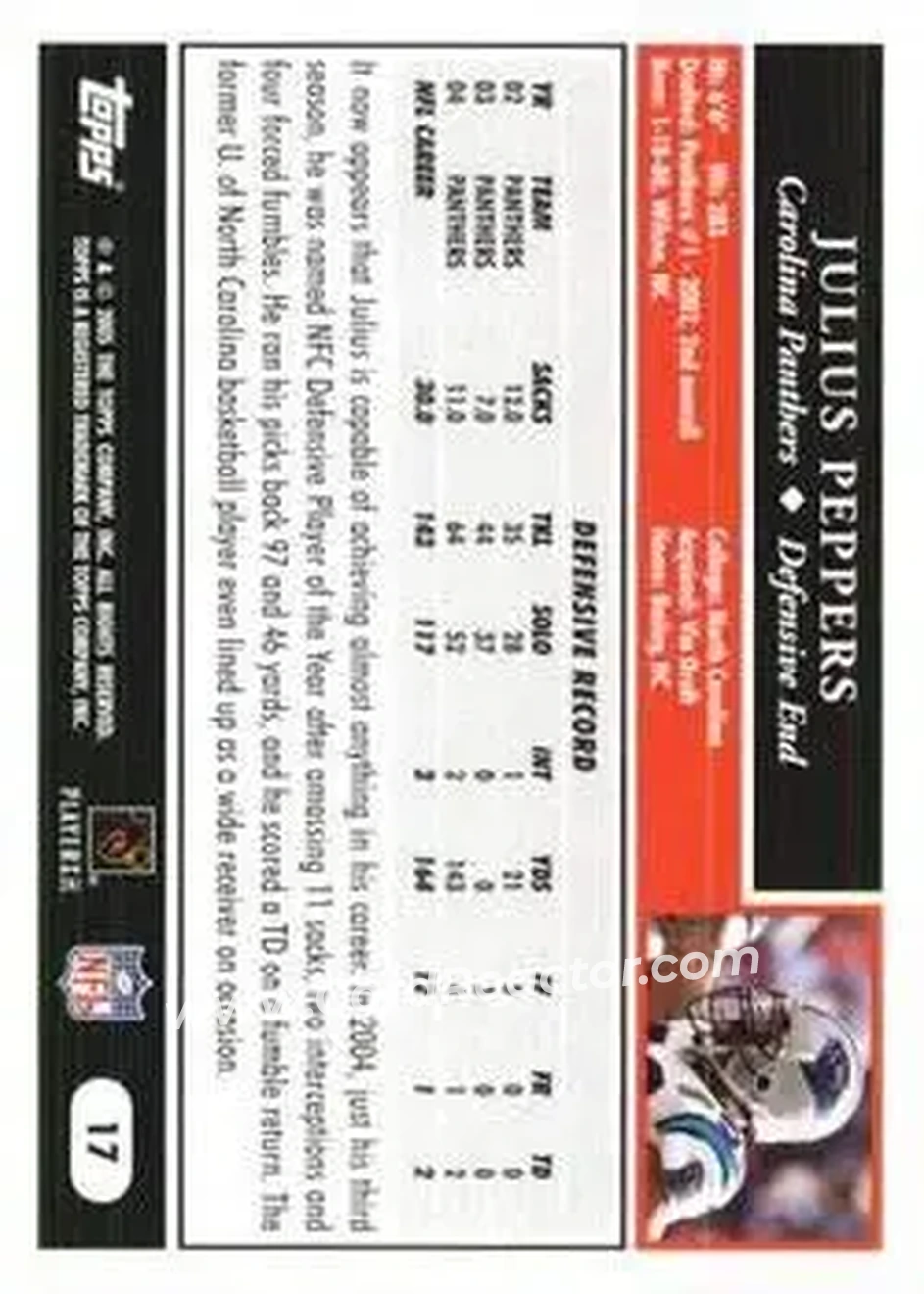 2005 Topps 1st Edition #17 - Julius Peppers - Carolina Panthers - Back