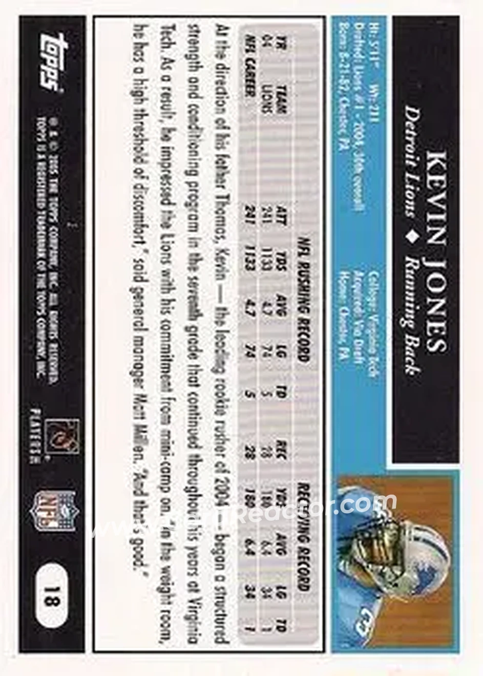 2005 Topps 1st Edition #18 - Kevin Jones - Detroit Lions - Back 2005 Topps 1st Edition #18 - Kevin Jones - Detroit Lions - Back