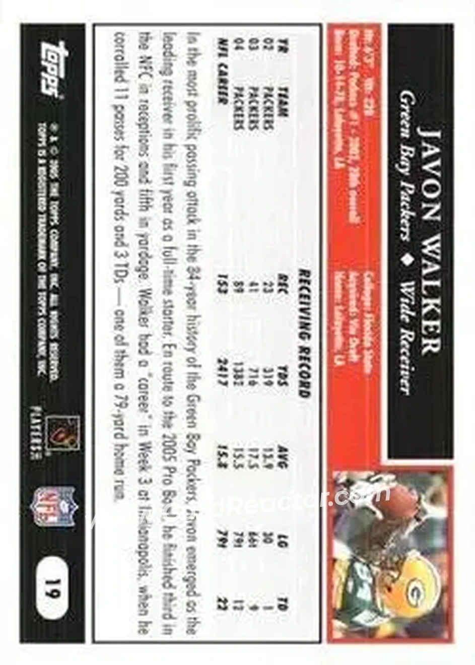 2005 Topps 1st Edition #19 - Javon Walker - Green Bay Packers - Back