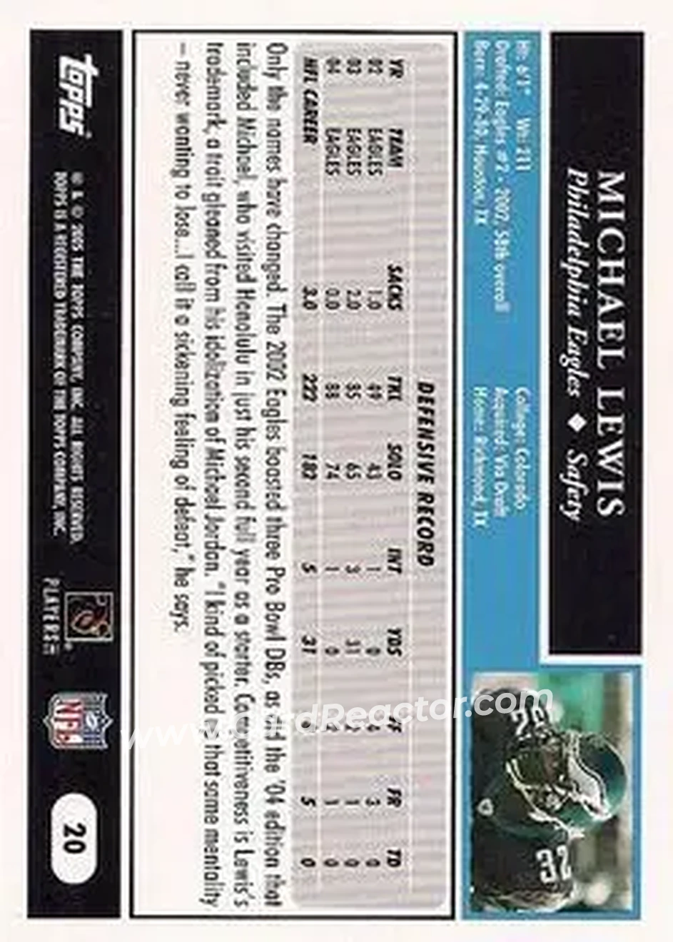 2005 Topps 1st Edition #20 - Michael Lewis - Philadelphia Eagles - Back