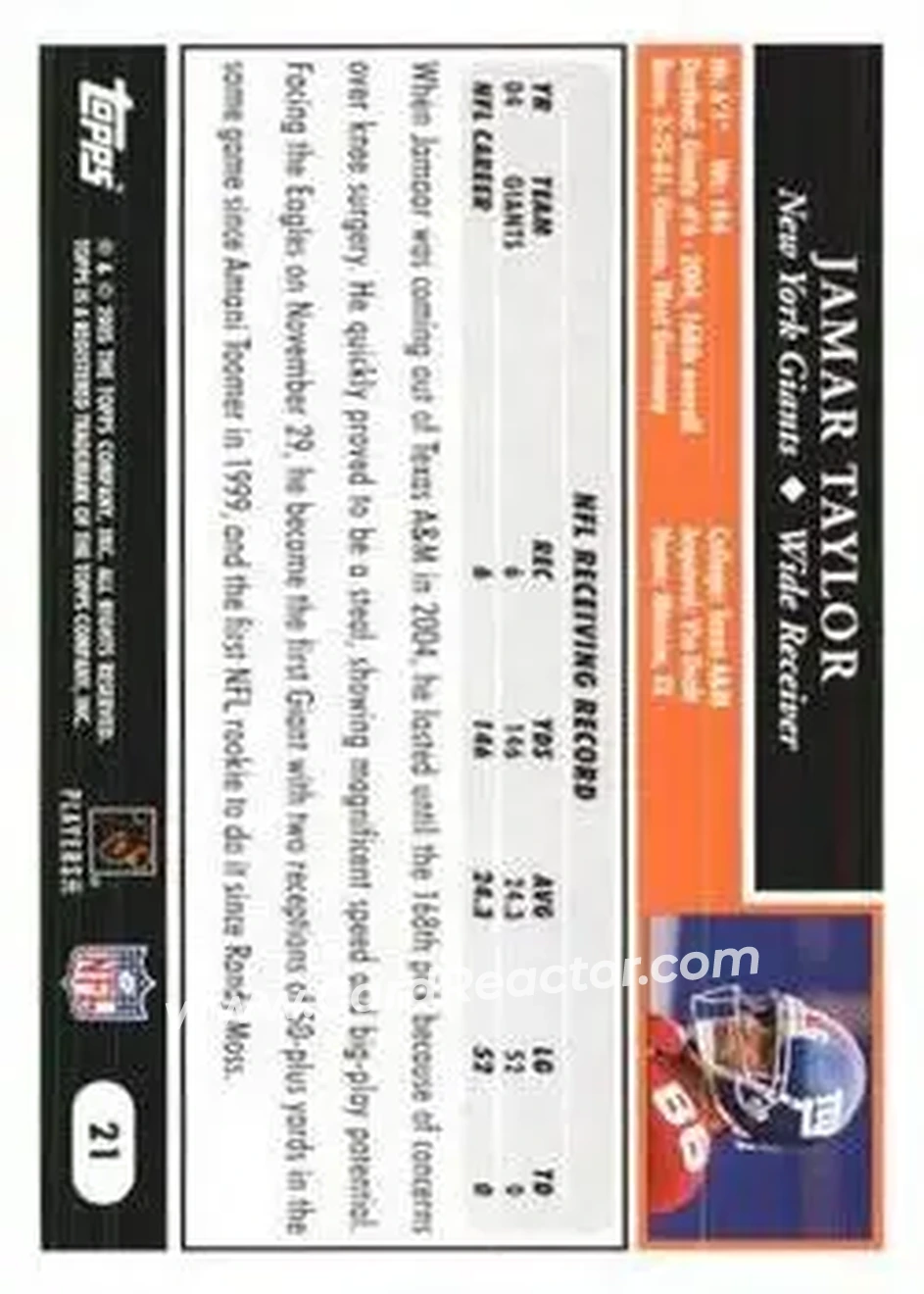 2005 Topps 1st Edition #21 - Jamaar Taylor - New York Giants - Back 2005 Topps 1st Edition #21 - Jamaar Taylor - New York Giants - Back