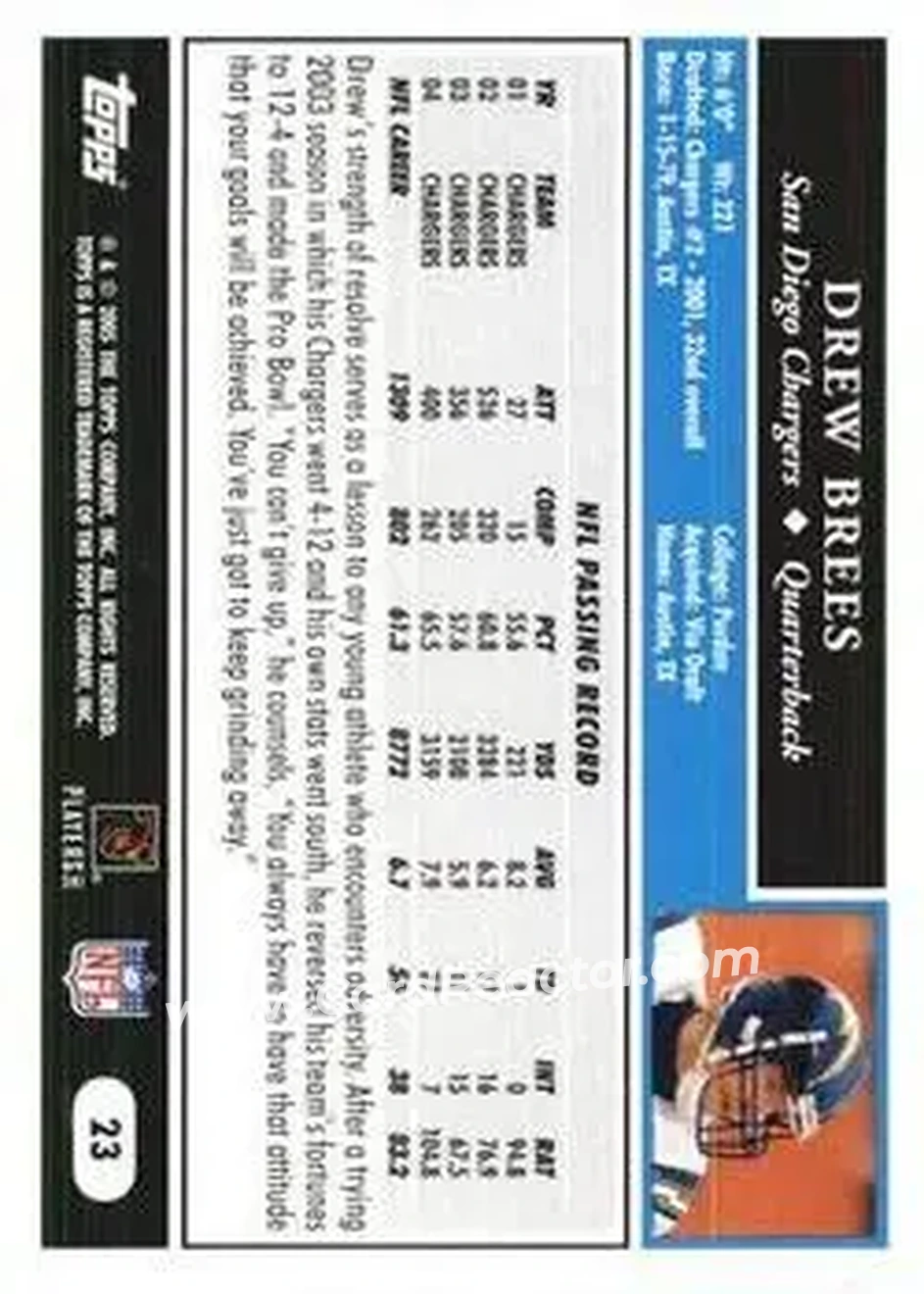2005 Topps 1st Edition #23 - Drew Brees - San Diego Chargers - Back 2005 Topps 1st Edition #23 - Drew Brees - San Diego Chargers - Back