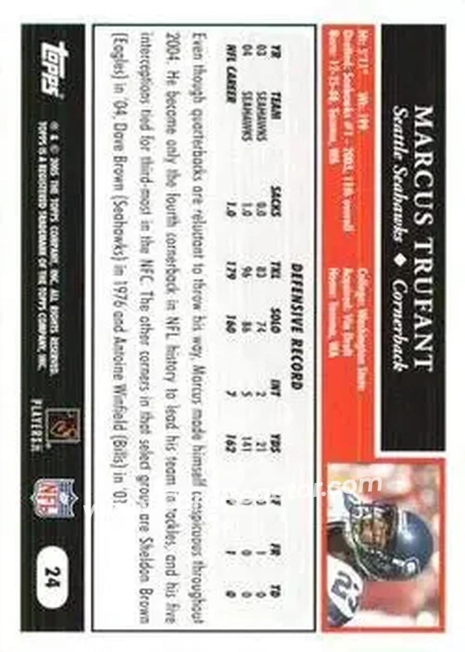 2005 Topps 1st Edition #24 - Marcus Trufant - Seattle Seahawks - Back