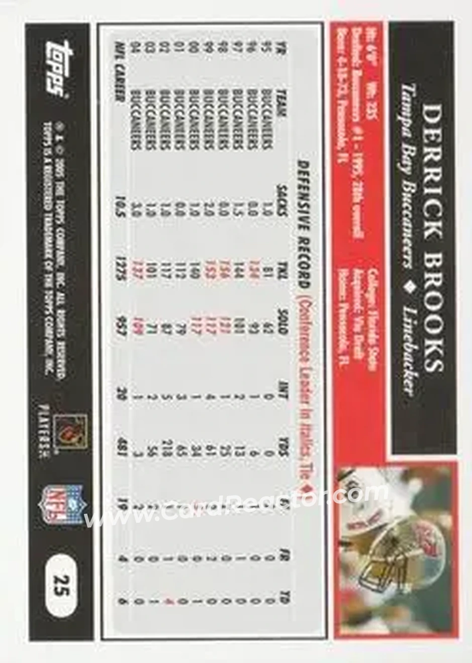 2005 Topps 1st Edition #25 - Derrick Brooks - Tampa Bay Buccaneers - Back
