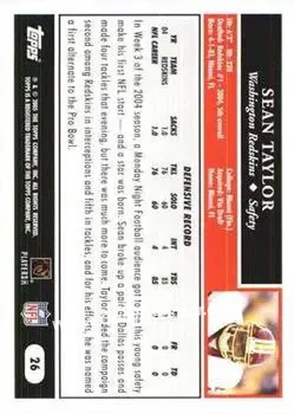 2005 Topps 1st Edition #26 - Sean Taylor - Washington Redskins - Back 2005 Topps 1st Edition #26 - Sean Taylor - Washington Redskins - Back