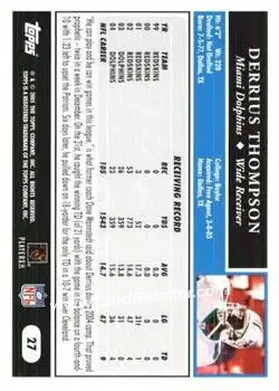 2005 Topps 1st Edition #27 - Derrius Thompson - Miami Dolphins - Back 2005 Topps 1st Edition #27 - Derrius Thompson - Miami Dolphins - Back
