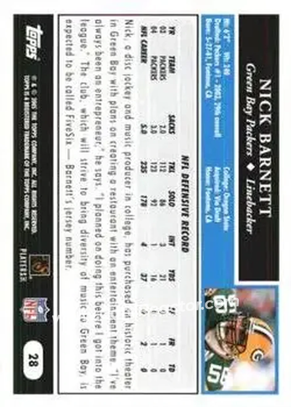 2005 Topps 1st Edition #28 - Nick Barnett - Green Bay Packers - Back 2005 Topps 1st Edition #28 - Nick Barnett - Green Bay Packers - Back