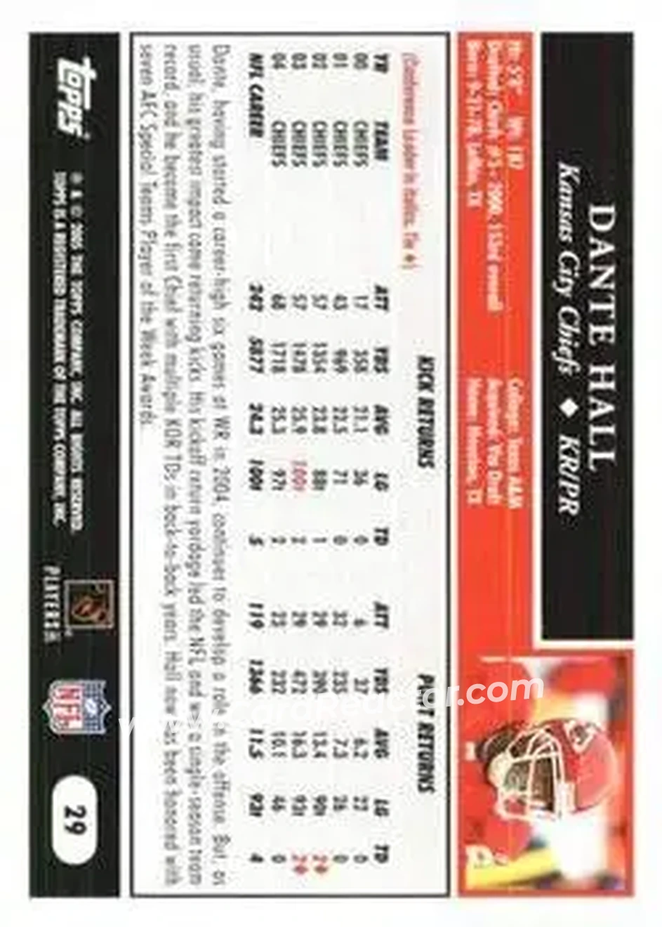 2005 Topps 1st Edition #29 - Dante Hall - Kansas City Chiefs - Back
