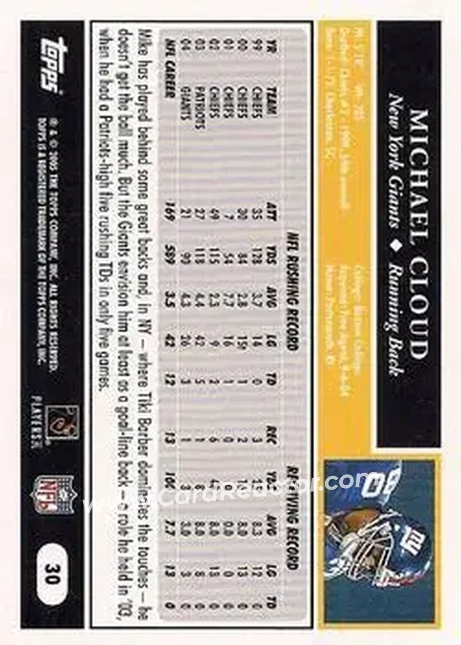 2005 Topps 1st Edition #30 - Michael Cloud - New York Giants - Back