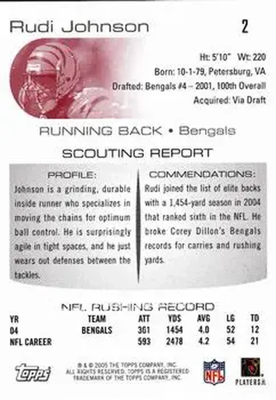 2005 Topps Draft Picks & Prospects #2 - Rudi Johnson - Cincinnati Bengals - Back