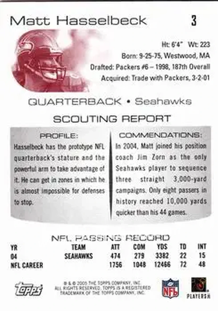 2005 Topps Draft Picks & Prospects #3 - Matt Hasselbeck - Seattle Seahawks - Back