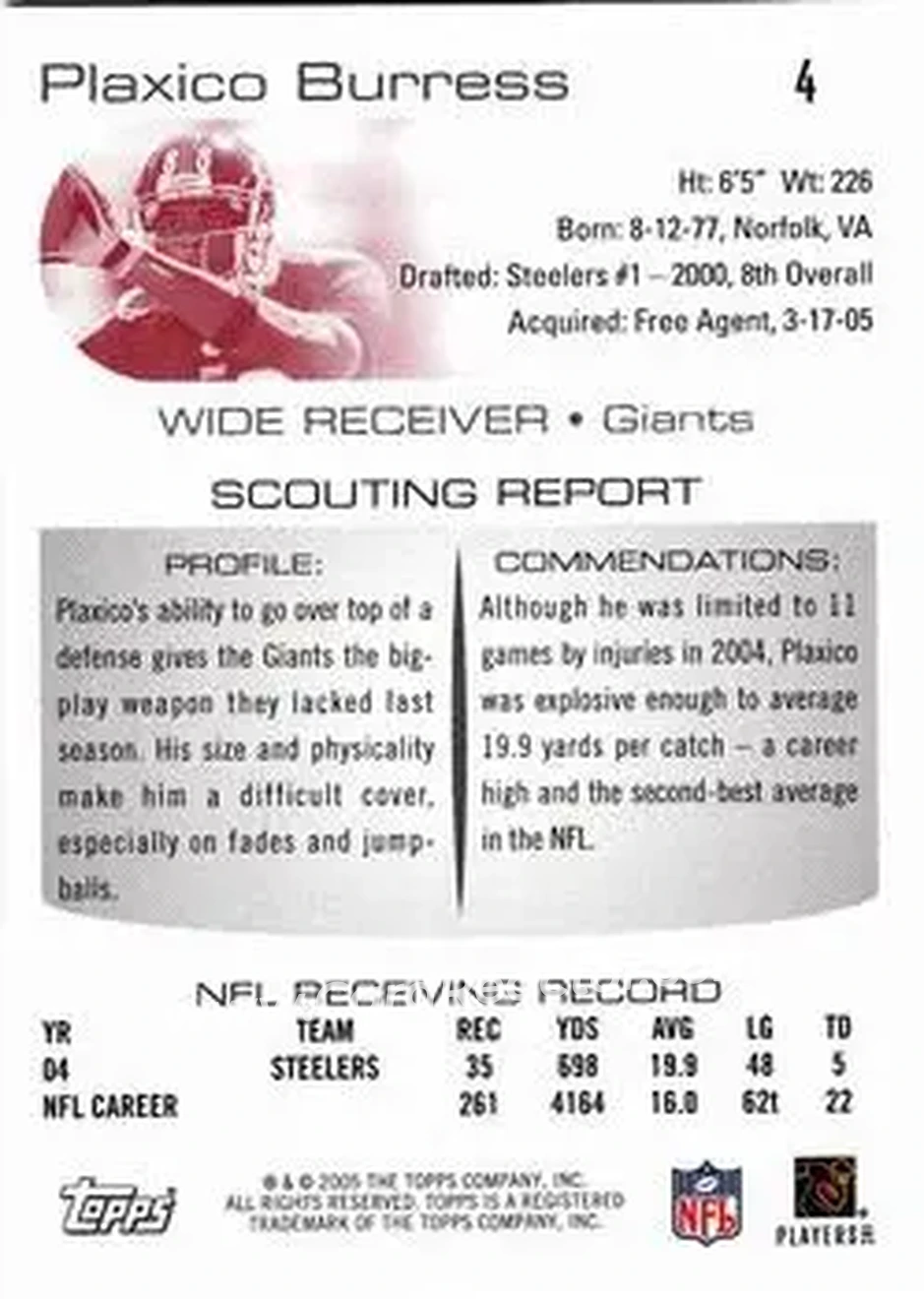 2005 Topps Draft Picks & Prospects #4 - Plaxico Burress - New York Giants - Back