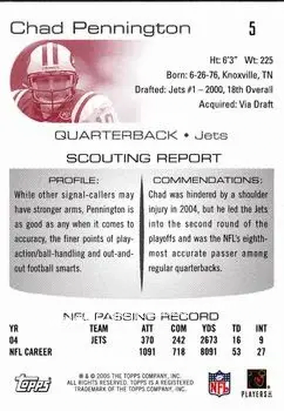 2005 Topps Draft Picks & Prospects #5 - Chad Pennington - New York Jets - Back