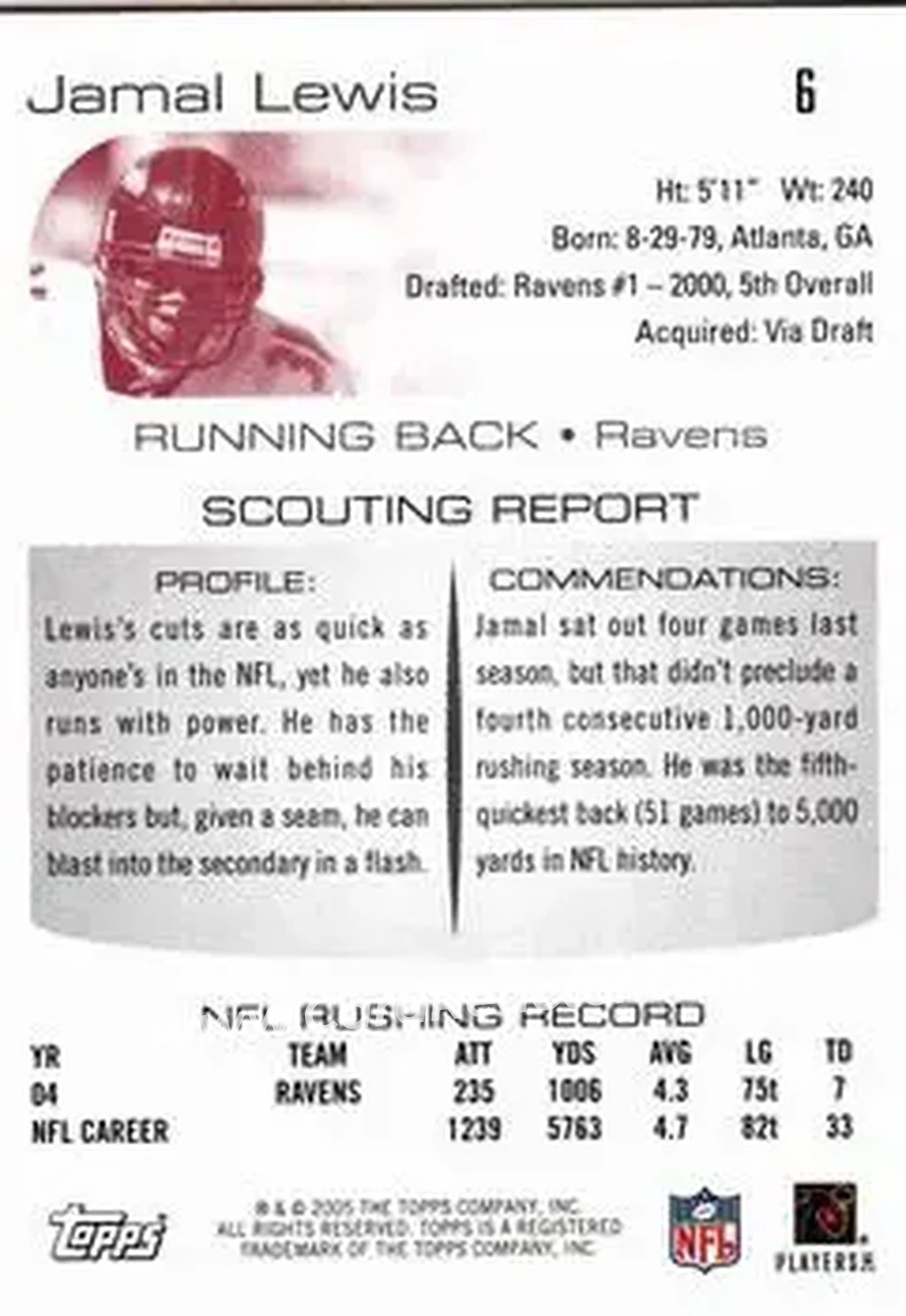 2005 Topps Draft Picks & Prospects #6 - Jamal Lewis - Baltimore Ravens - Back