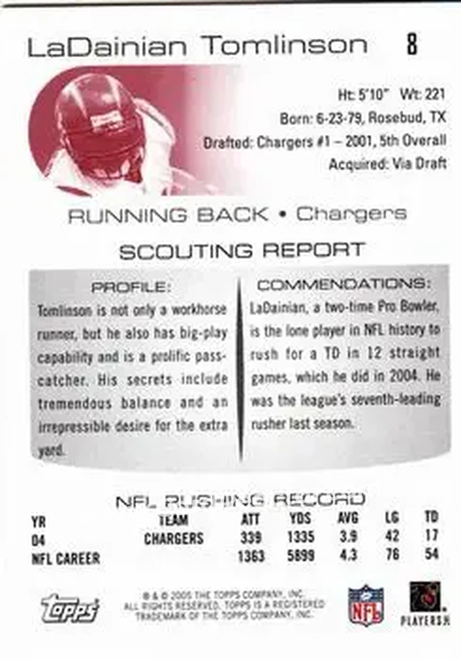 2005 Topps Draft Picks & Prospects #8 - LaDainian Tomlinson - San Diego Chargers - Back 2005 Topps Draft Picks & Prospects #8 - LaDainian Tomlinson - San Diego Chargers - Back